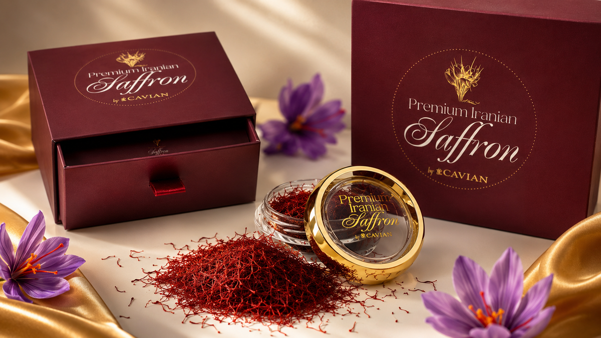 Premium Iranian Saffron by Cavian, shown with deep burgundy boxes, a gold-rimmed jar, loose saffron threads, and purple saffron flowers on a draped cream fabric with gold satin accents.