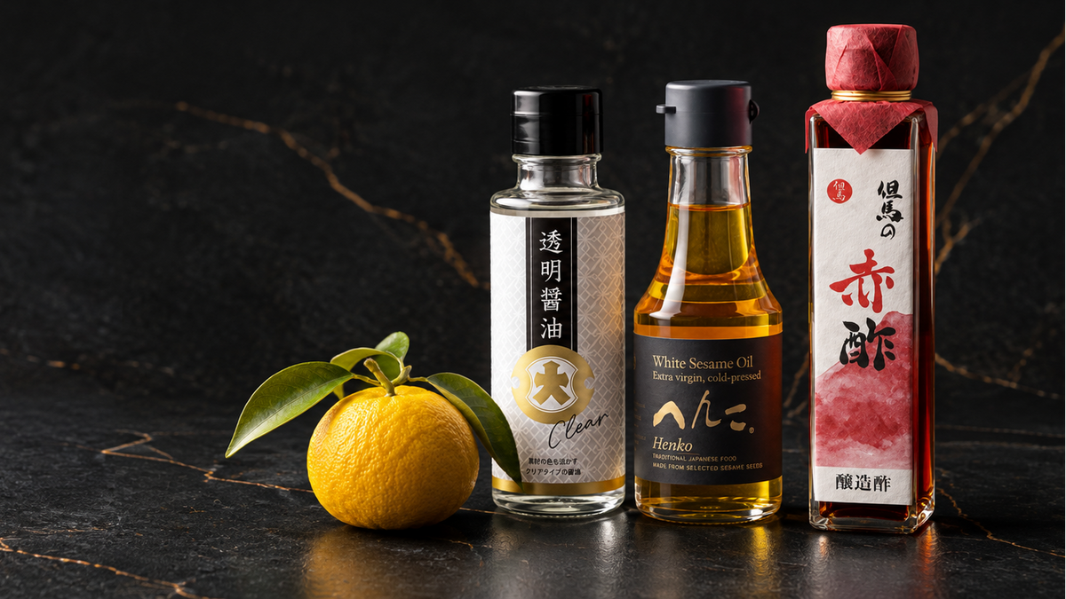 Exclusive Japanese gourmet specialties from Cavian, soy sauce, sesame oil, akazu vinegar, and fresh yuzu, stylishly presented on dark marble.