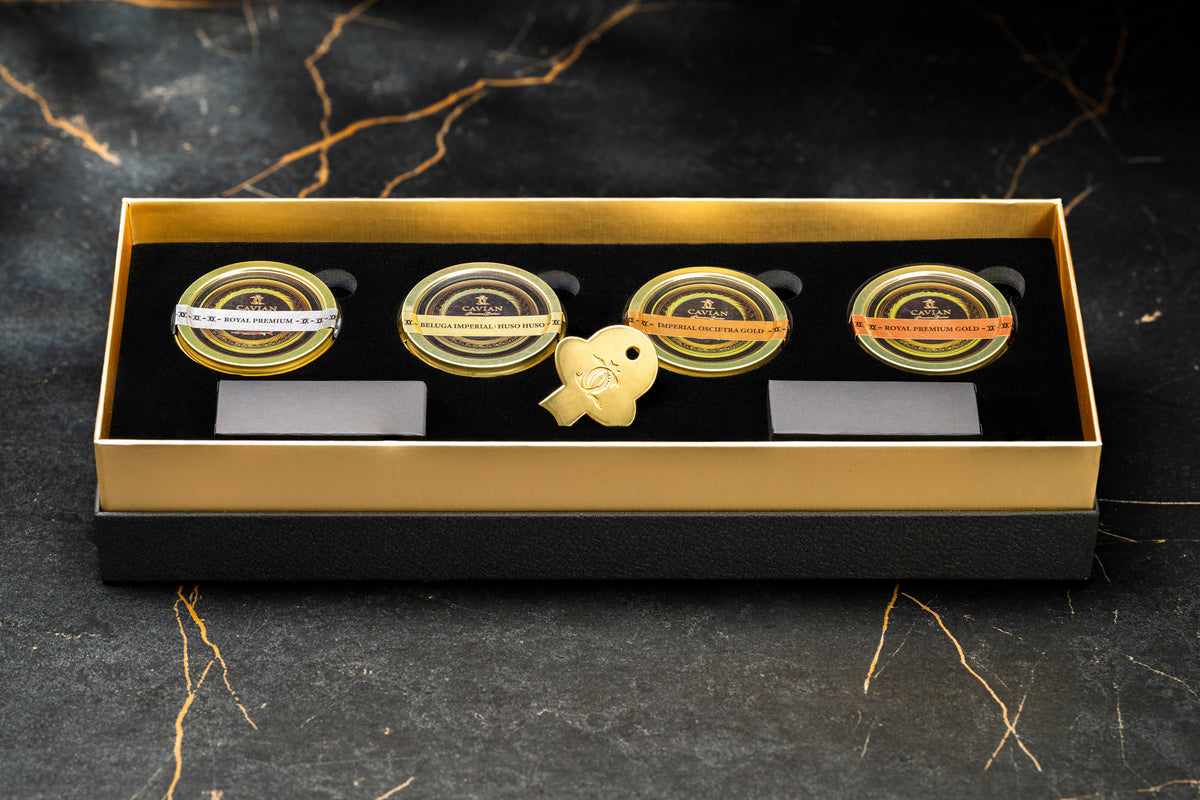 tasting-box.jpg	Cavian premium caviar tasting gift box containing Royal Premium, Beluga Imperial, Imperial Oscietra Gold and Royal Premium Gold.