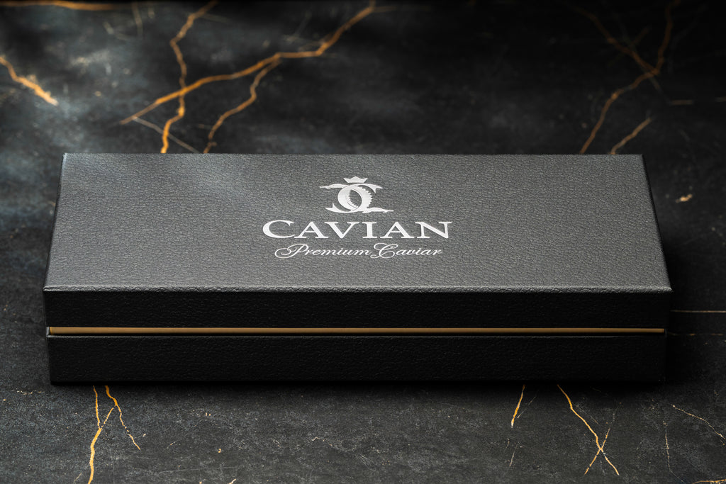 Closed Cavian luxury caviar gift box with textured black finish and silver Premium Caviar logo.